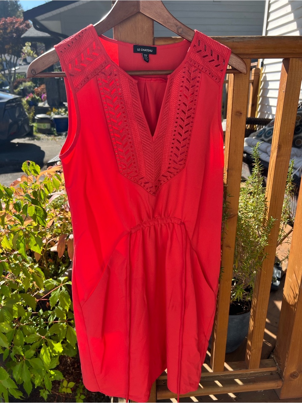 le chateau Bright Red Sleeveless V-Neck Crochet Trim Dress